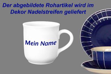 Kaffeebecher mit Schrift blau Nadelstreifen